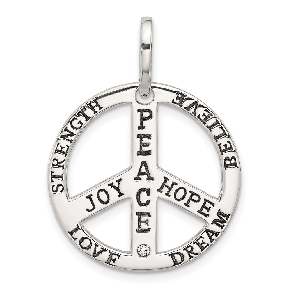 Sterling Silver Polished CZ Antiqued Peace Inspiration Pendant