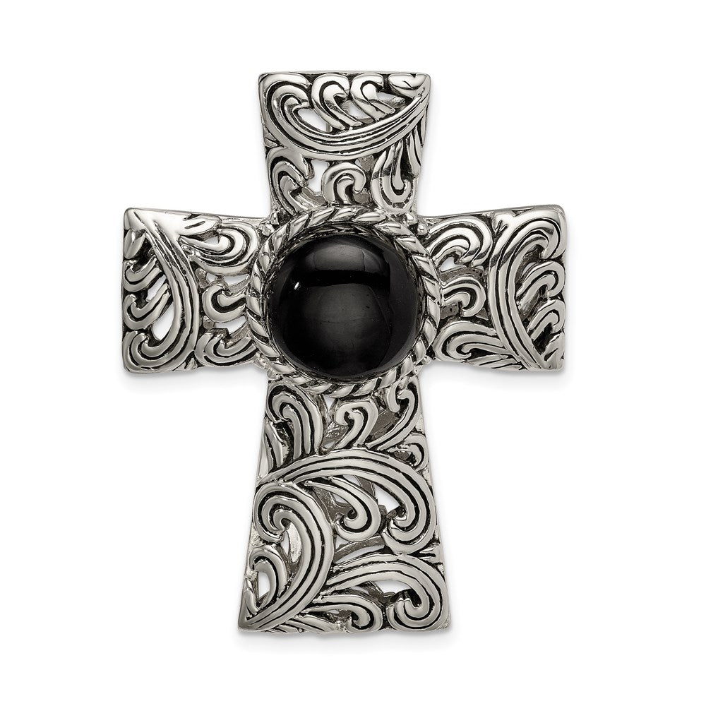 Sterling Silver Antiqued Filigree Black Onyx Cabochon Slide