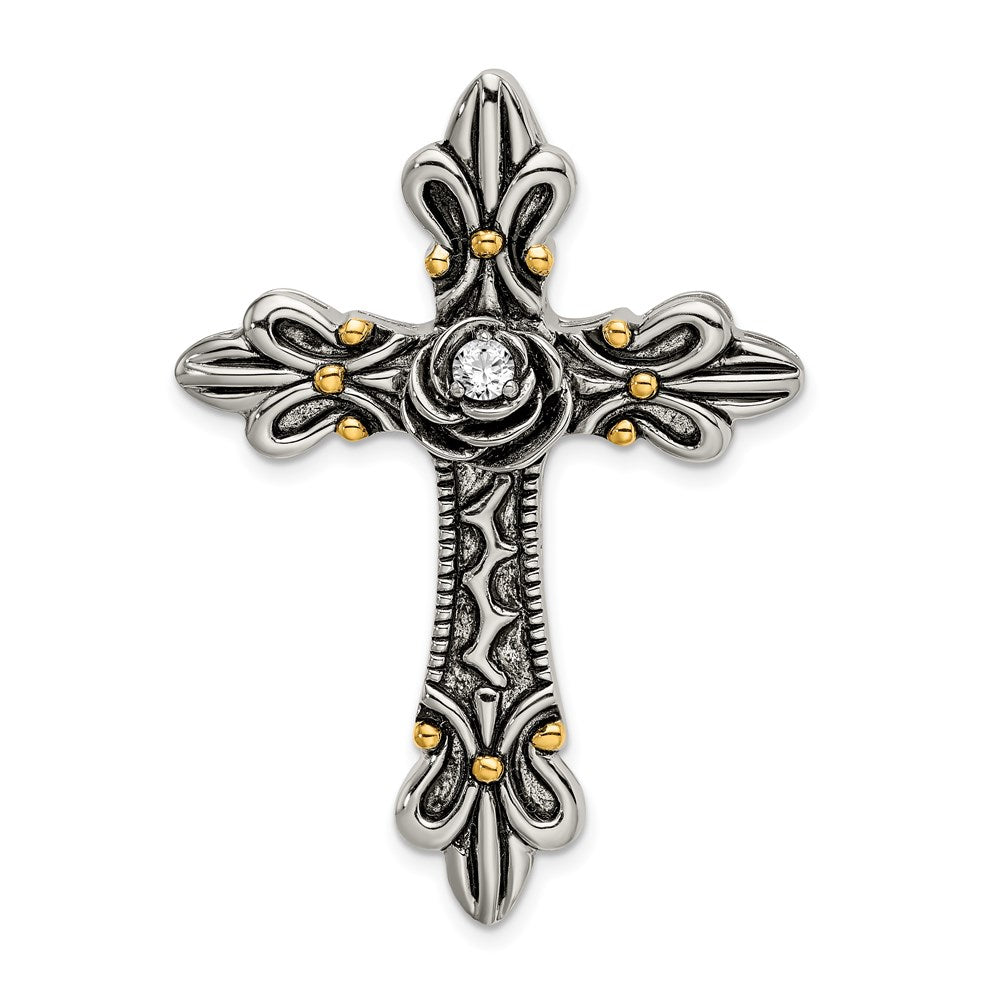 Sterling Silver Gold-plated CZ Antiqued Cross Slide