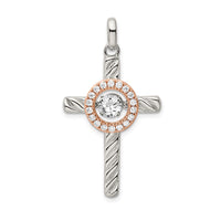 Load image into Gallery viewer, Sterling Silver Plat-plate Rose &amp; Gold-tone Vibrant CZ Cross Pendant
