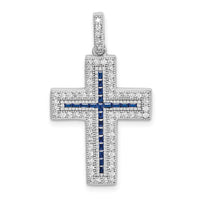 Load image into Gallery viewer, Sterling Silver Rhodium-plated CZ &amp; Lab Cr. Blue Spinel Cross Pendant
