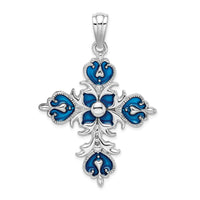 Load image into Gallery viewer, De-Ani Sterling Silver Rhodium-Plated Polished Enameled Fleur de Lis Cross Pendant
