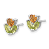 Load image into Gallery viewer, Sterling Silver Rhodium-plated Polished Heart Citrine and Peridot Flower Post Earrings
