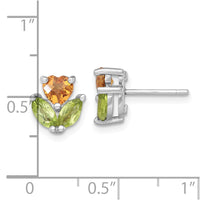 Load image into Gallery viewer, Sterling Silver Rhodium-plated Polished Heart Citrine and Peridot Flower Post Earrings
