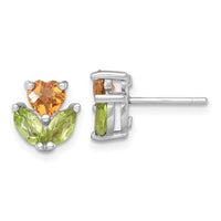 Load image into Gallery viewer, Sterling Silver Rhodium-plated Polished Heart Citrine and Peridot Flower Post Earrings
