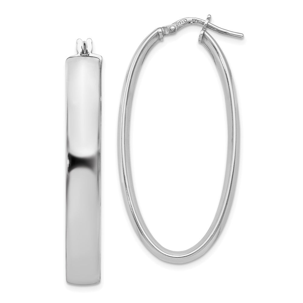 Sterling Silver RH-plated Polished Oval Hinged Hoop Earrings