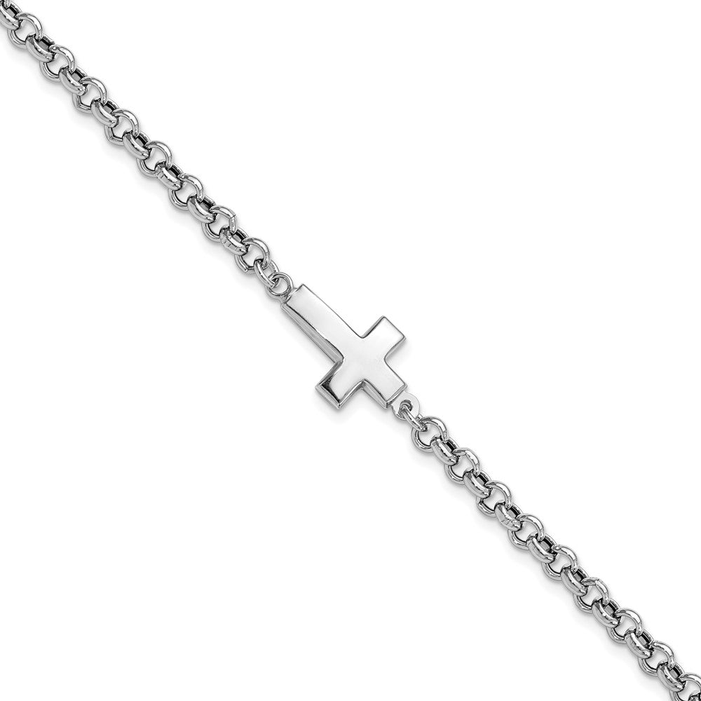 Sterling Silver Rhodium-plated Cross Rolo Bracelet
