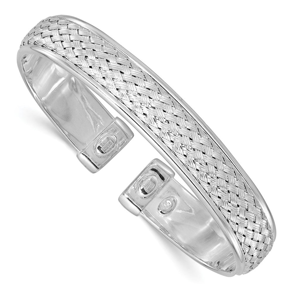 Sterling Silver Rhodium-plated Polished and Textured Cuff Bangle