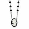 Sterling Silver Rh-plated Black Glass Beads Resin Cameo 1.5in ext.