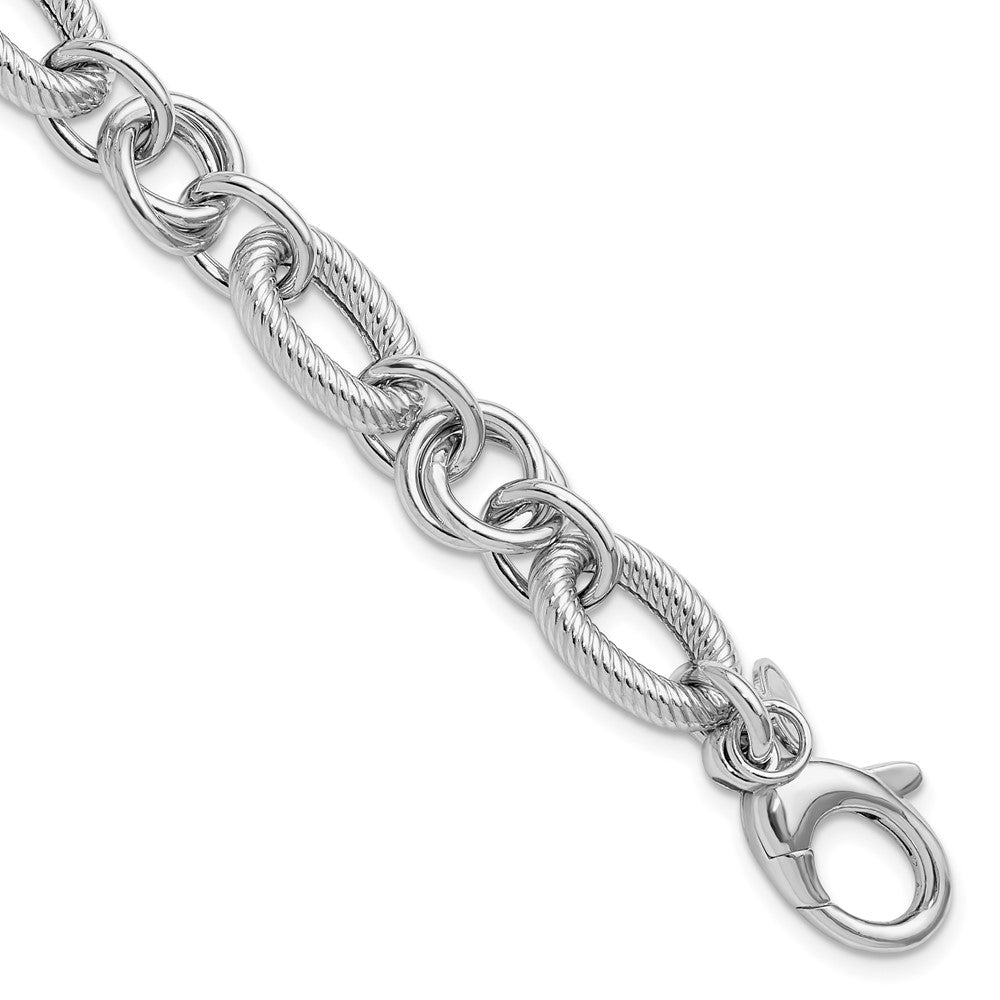 SS RH-plated Polished/Textured Fancy Link w/.25in ext. Bracelet
