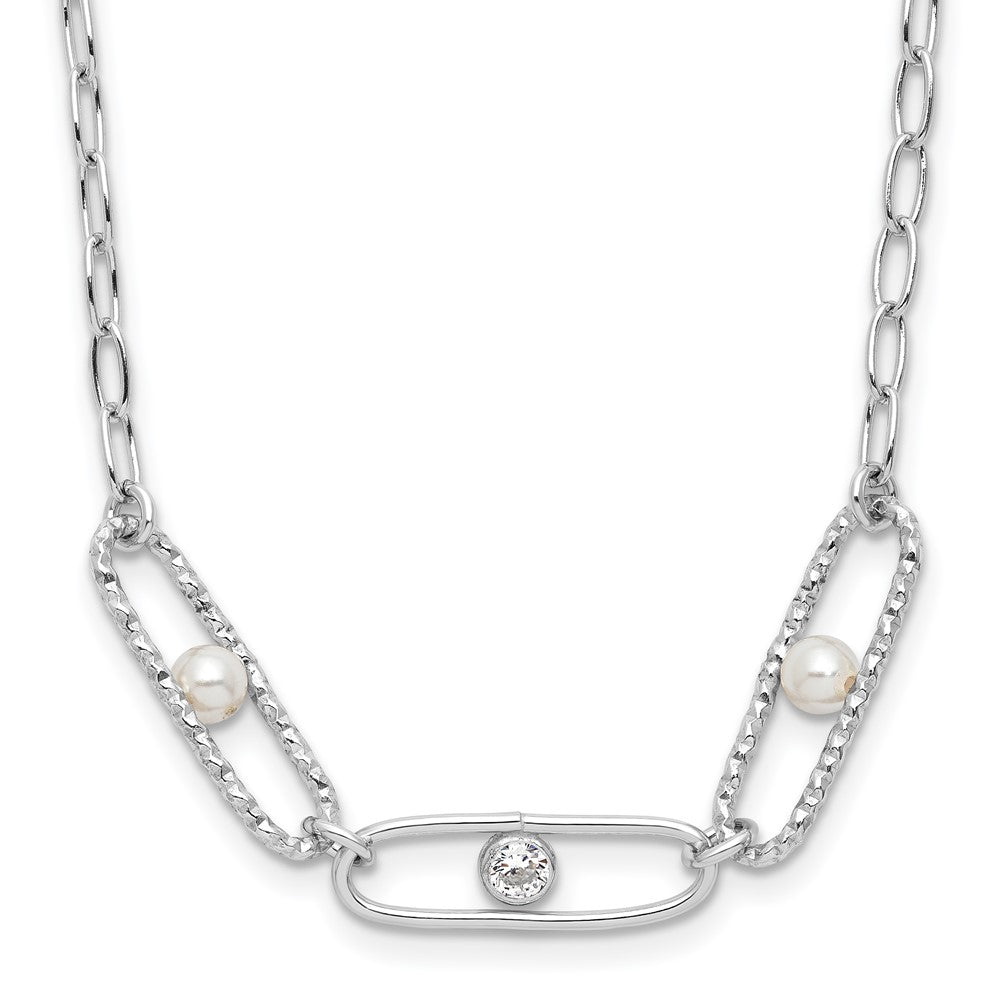 Sterling Silver Rh-plated CZ and Crystal Pearl w/2in ext. Necklace