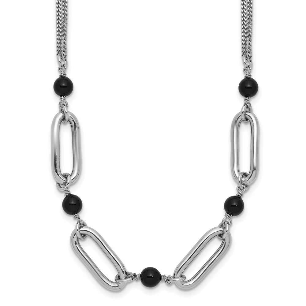 SS RH-pltd Black Glass Pearl 2-Strand Link w/2in Ext Necklace