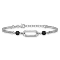 Load image into Gallery viewer, SS RH-pltd Black Glass Pearl 2-Strand Link w/1in Ext Bracelet
