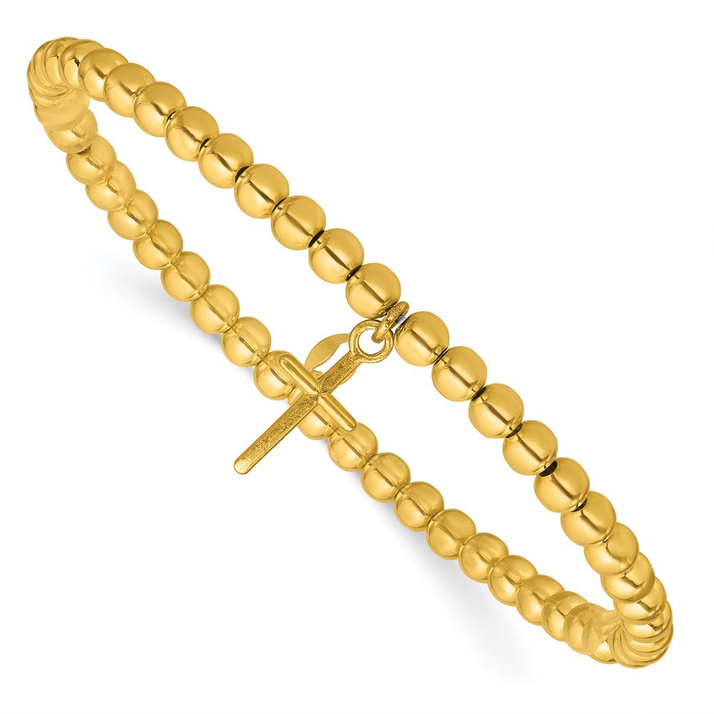 Sterling Silver Gold-tone Pol. Cross Beaded Stretch Bracelet