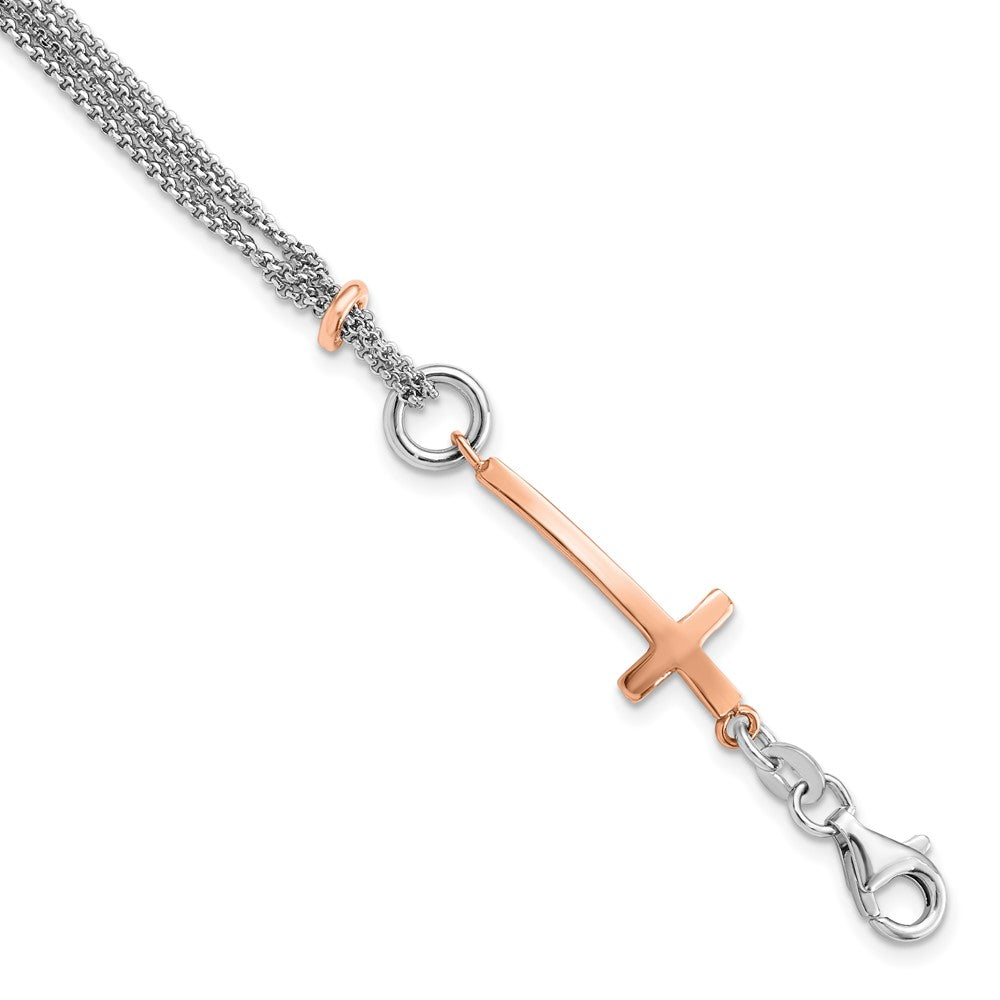 Sterling Silver w/Rose-tone Cross w/1.5in ext. w/Cross Bracelet