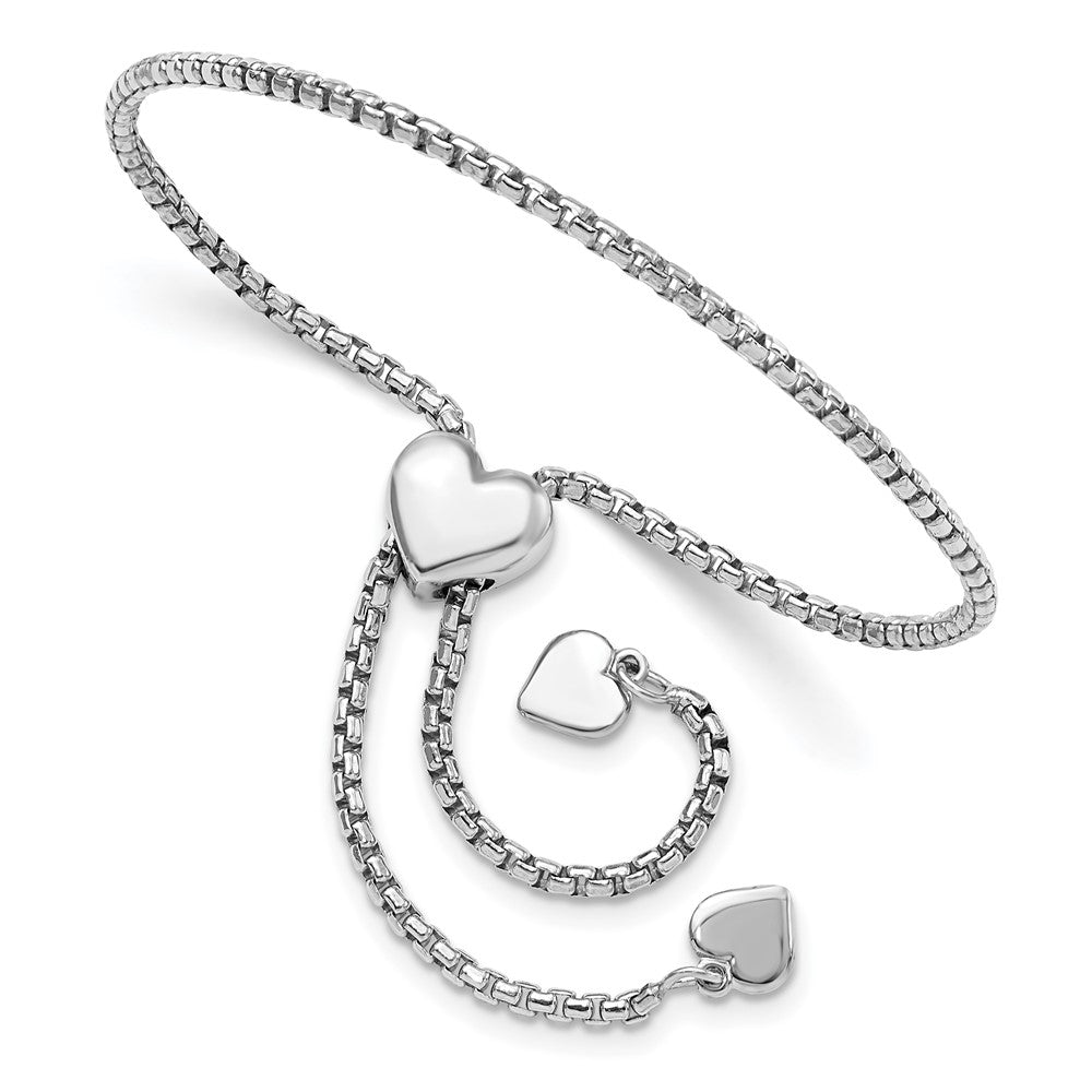 Sterling Silver RH-plated Round Rectangle Box Heart Adj. Bracelet