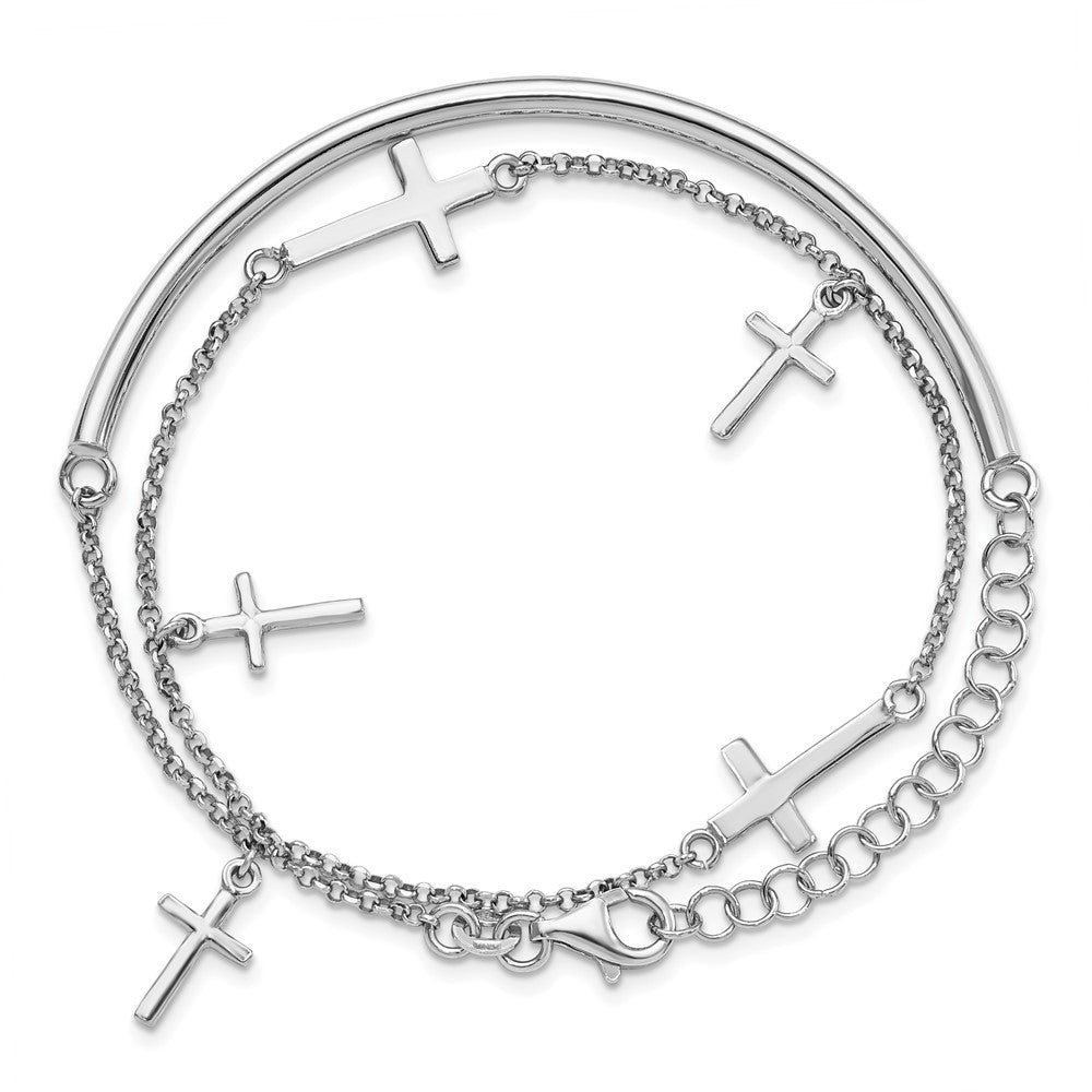 Sterling Silver RH-plt Polished Crosses w/2in ext. Wrap Bracelet