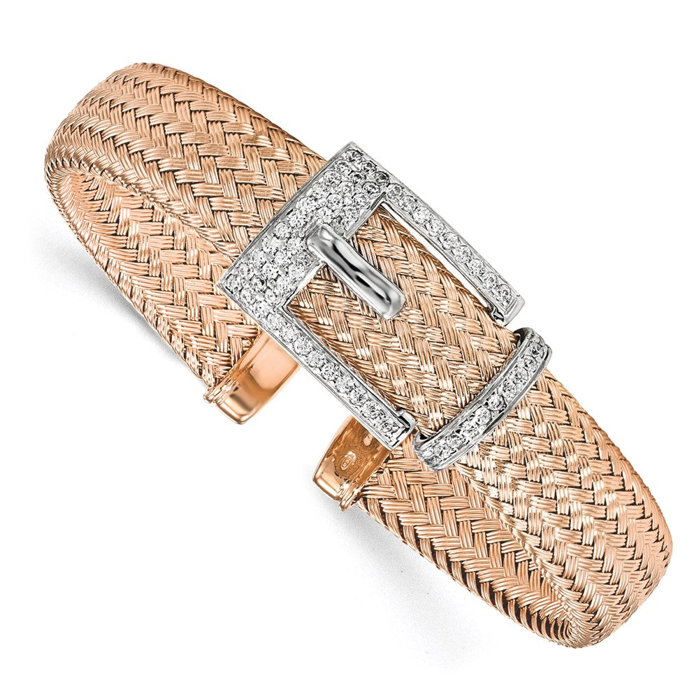 Sterling Silver Rose Gold-plated CZ Polished Woven Cuff Bangle