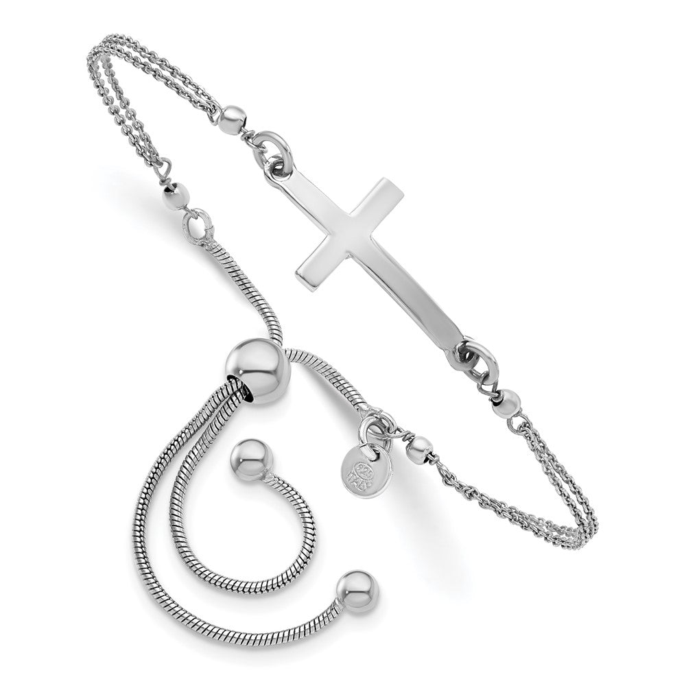 Sterling Silver RH-plated Polished Sideway Cross Adj. Bracelet