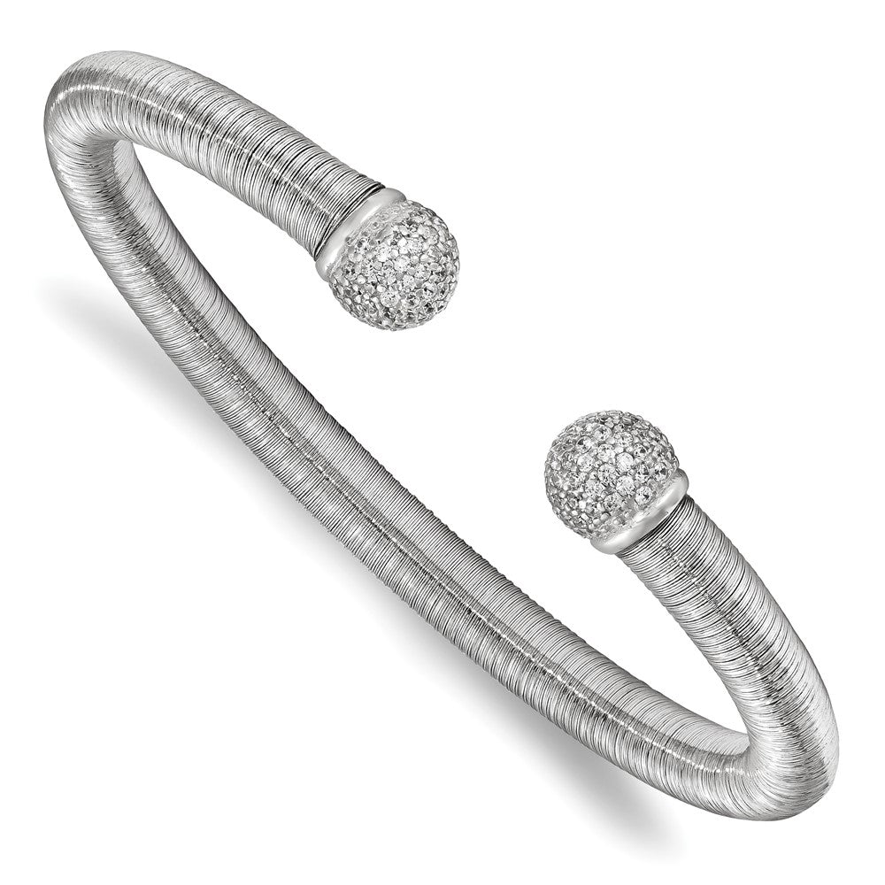 Sterling Silver & Rhodium CZ Textured Cuff Bangle