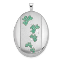 Load image into Gallery viewer, Sterling Silver Rhodium-plated Satin Enameled Clovers 26x20mm Oval Locket

