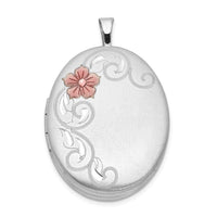 Load image into Gallery viewer, Sterling Silver Rhod-plated 26mm Satin Enameled Flower Scroll Oval Locket
