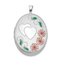 Load image into Gallery viewer, Sterling Silver Rhod-plated Satin Enamel &amp; D/C Floral &amp; Heart Oval Locket
