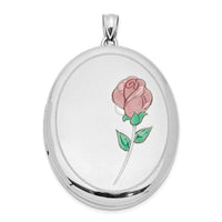 Load image into Gallery viewer, Sterling Silver Rhod-plated Satin &amp; Polished Enamel Rose 34mm Oval Locket
