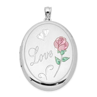 Load image into Gallery viewer, Sterling Silver Rhod-plated Satin Love w/ Enameled Rose 34mm Oval Locket
