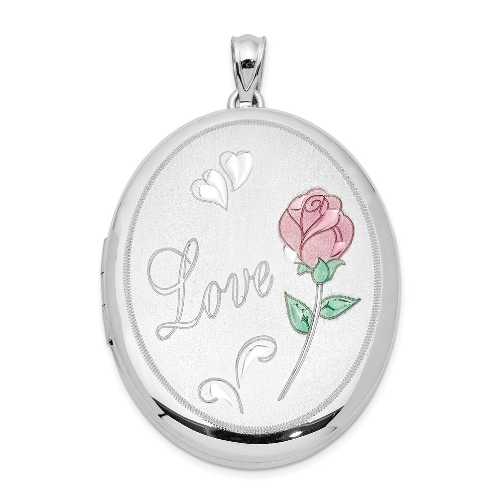 Sterling Silver Rhod-plated Satin Love w/ Enameled Rose 34mm Oval Locket