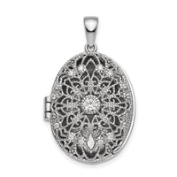Load image into Gallery viewer, Sterling Silver Rhodium-plated CZ Filigree Top Polished Back Oval Locket
