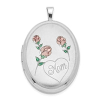 Load image into Gallery viewer, Sterling Silver RH 26mm Satin/Polished Enameled Roses Mom Oval Locket
