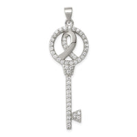 Load image into Gallery viewer, Sterling Silver RH-plated Breast Cancer Awareness Symbol CZ Key Pendant
