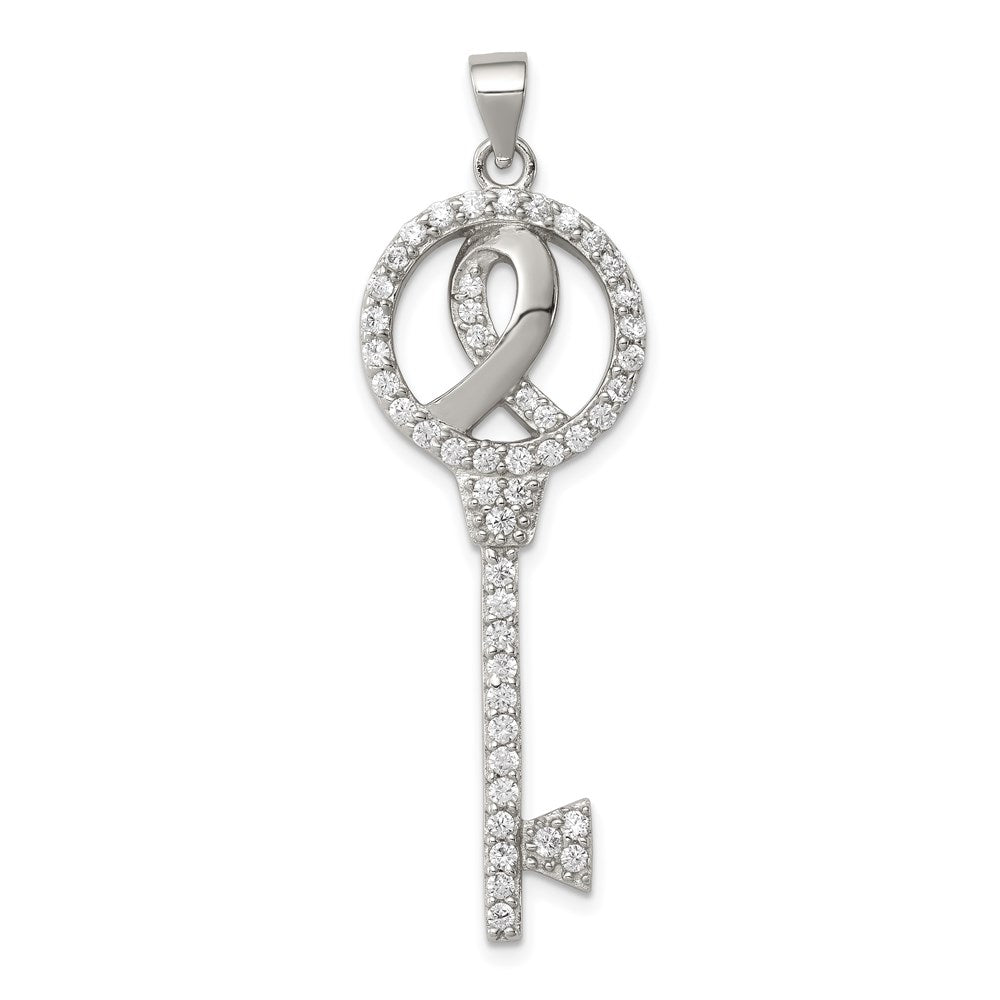 Sterling Silver RH-plated Breast Cancer Awareness Symbol CZ Key Pendant