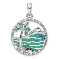 Load image into Gallery viewer, Sterling Silver Rhod-plated Created Opal Palm Tree Ocean Pendant
