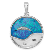 Load image into Gallery viewer, Sterling Silver Rhodium-plated Blue Created Opal Dolphins Pendant
