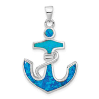 Load image into Gallery viewer, Sterling Silver Rhodium-plated Blue Created Opal Anchor Pendant
