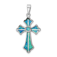 Load image into Gallery viewer, Sterling Silver Rhodium-plated Blue Inlay Created Opal Cross Pendant
