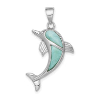 Load image into Gallery viewer, Sterling Silver Rhodium-plated Polished Larimar Dolphin Pendant
