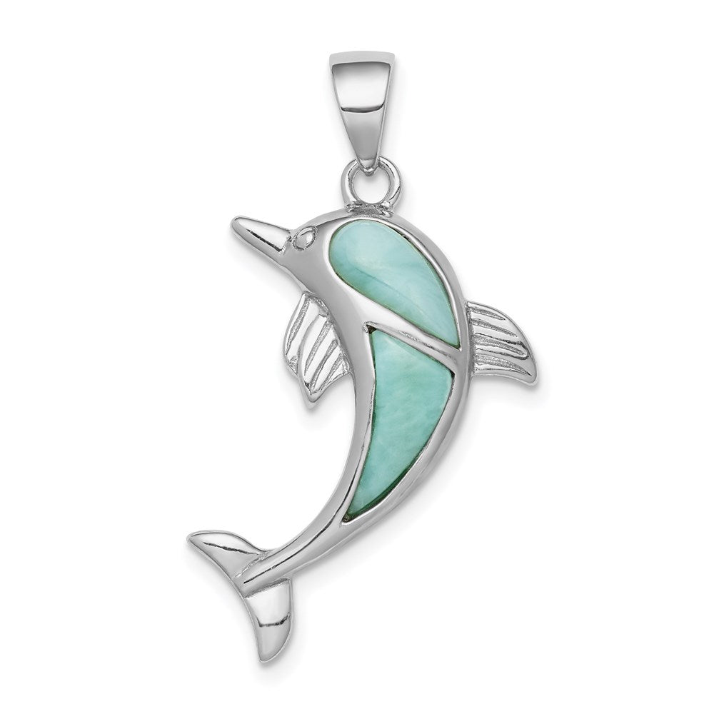 Sterling Silver Rhodium-plated Polished Larimar Dolphin Pendant
