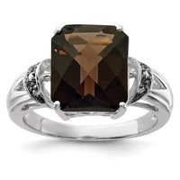 Load image into Gallery viewer, Sterling Silver Rhodium Octagonal Checker-Cut Smoky Quartz &amp; Diam. Ring
