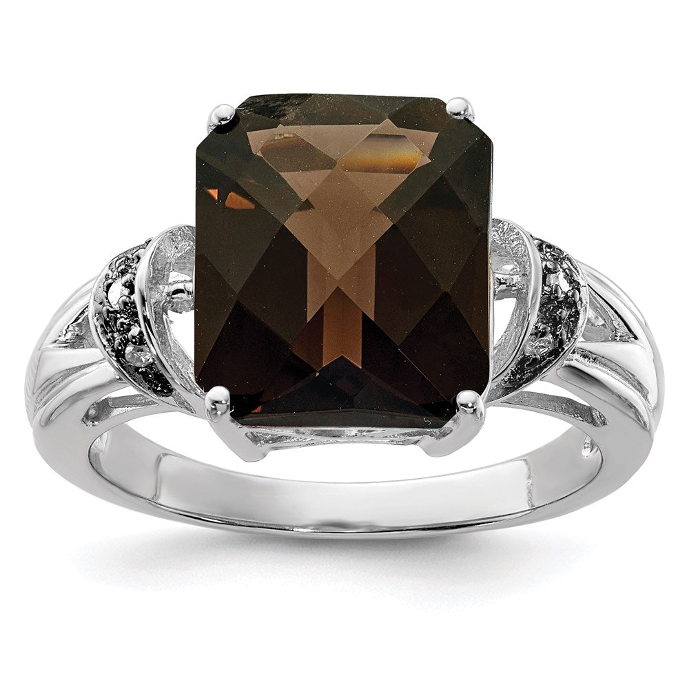 Sterling Silver Rhodium Octagonal Checker-Cut Smoky Quartz & Diam. Ring