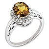 Sterling Silver Rhodium-plated Oval Whiskey Quartz & Diamond Ring