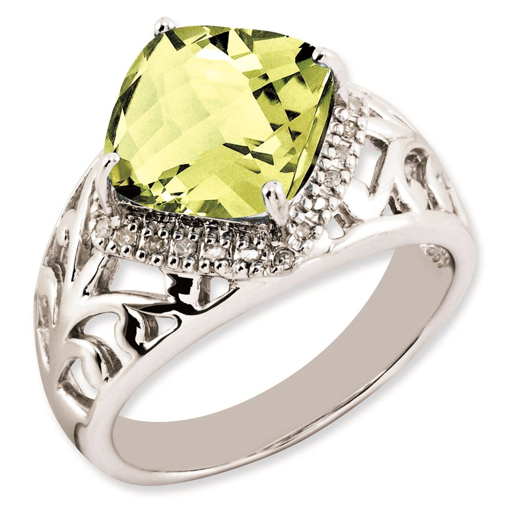 Sterling Silver Rhodium-plated Checker-Cut Lemon Quartz & Diamond Ring