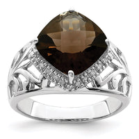 Load image into Gallery viewer, Sterling Silver Rhodium Checker-Cut Smoky Quartz &amp; Diam. Ring
