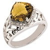 Sterling Silver RH-plated Checker-Cut Whiskey Quartz & Diamond Ring