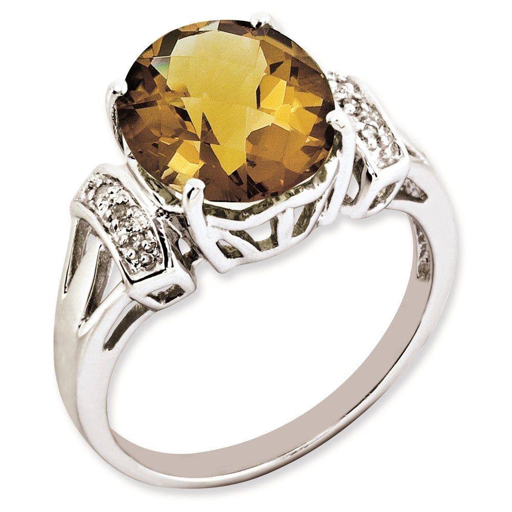 Sterling Silver RH-plated Oval Checker-Cut Whiskey Quartz & Diamond Ring