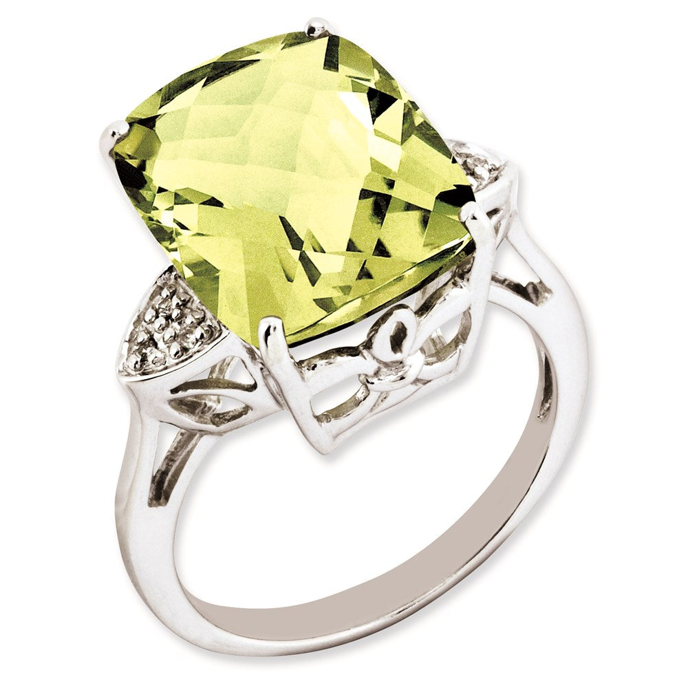 Sterling Silver Rhodium-plated Checker-Cut Lemon Quartz & Diamond Ring