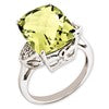 Sterling Silver Rhodium-plated Checker-Cut Lemon Quartz & Diamond Ring