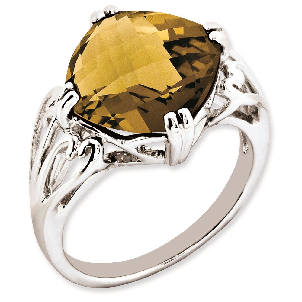 Sterling Silver Rhodium-plated Checker-Cut Whiskey Quartz Ring